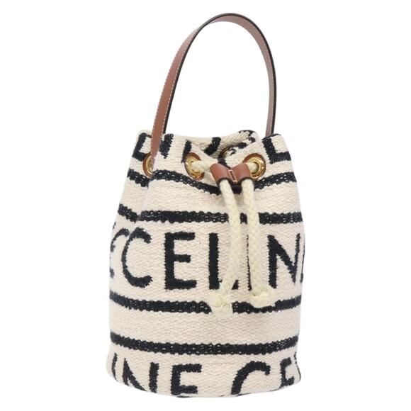 CELINE Teen Drawstring Hand Bag Canvas Leather White Gold - Picture 1 of 12